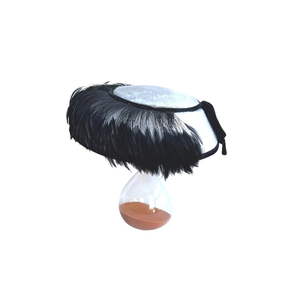 Vintage French Room The Dayton Co White Faux Fur Black Feather Hat Bow, wmns